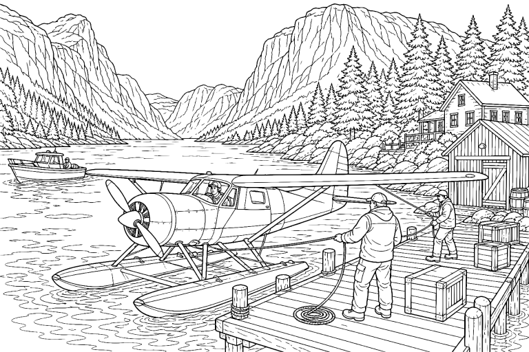 Wasserflugzeug in einer stillen Fjordbucht - Ausmalbild ab 11 Jahren