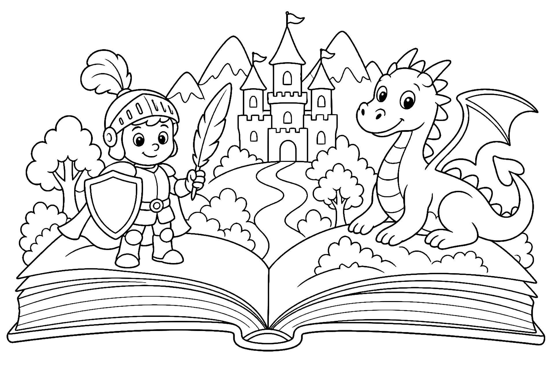 Der Ritter auf dem Riesenbuch - Ausmalbild ab 6 Jahren
