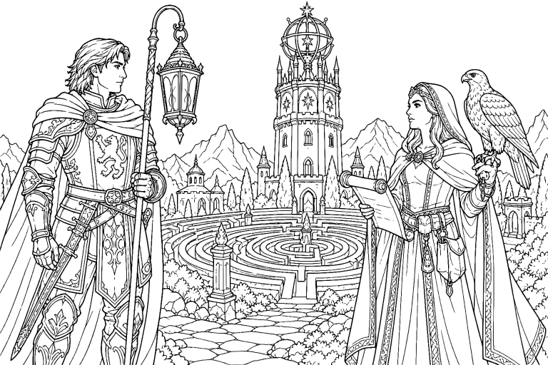 Der Ritter und das Labyrinth unter dem Sternenturm - Ausmalbild ab 11 Jahren