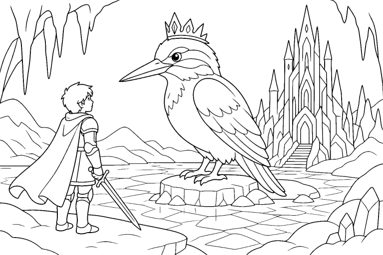 Der Ritter und der Eisvogelkönig - Ausmalbild ab 6 Jahren
