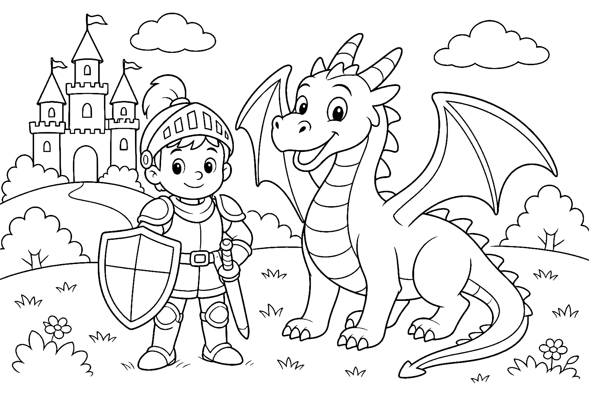 Der Ritter und der leuchtende Drache - Ausmalbild ab 6 Jahren