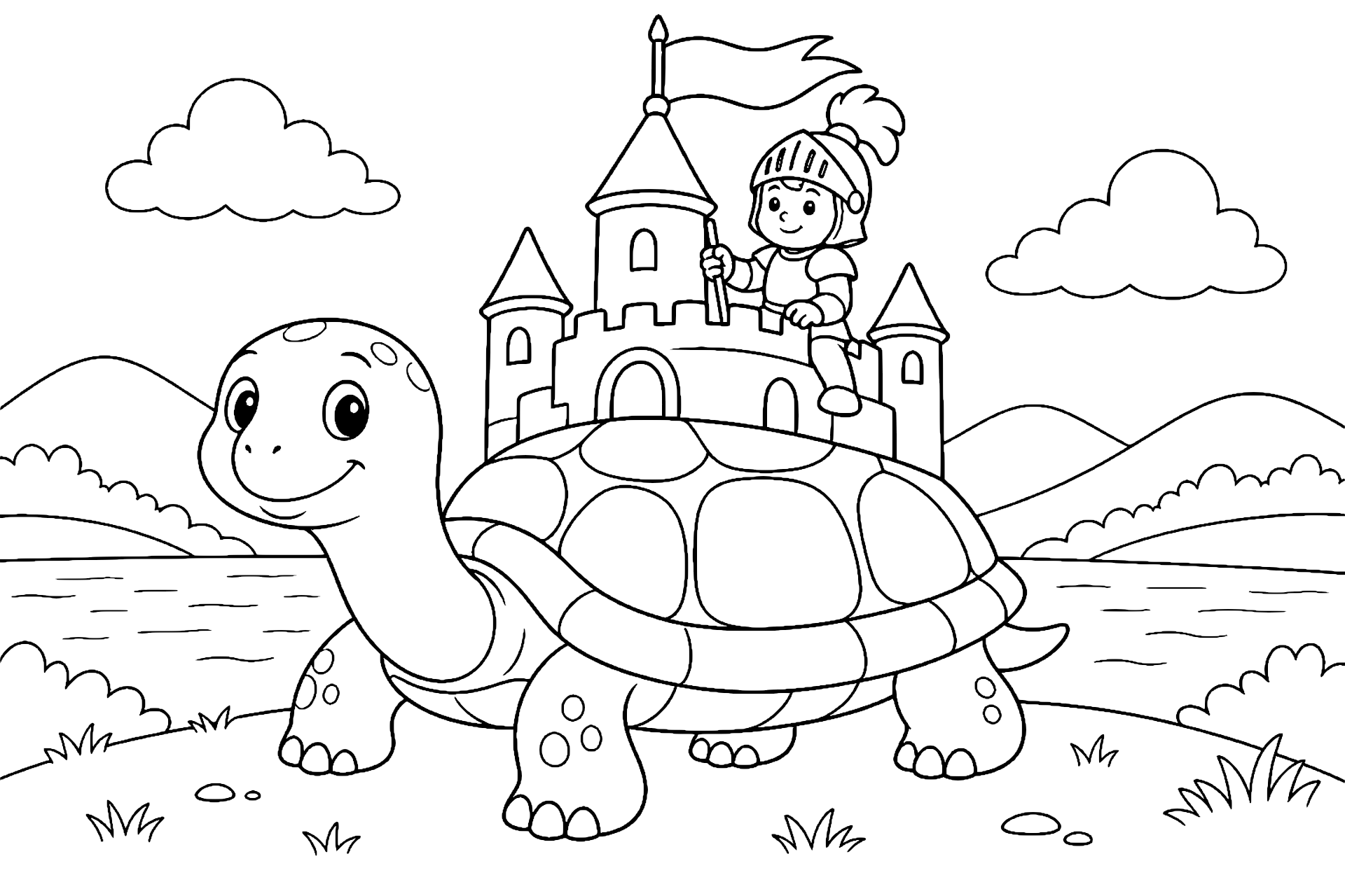 Die Burg auf dem Riesenschildkrötenpanzer - Ausmalbild ab 6 Jahren
