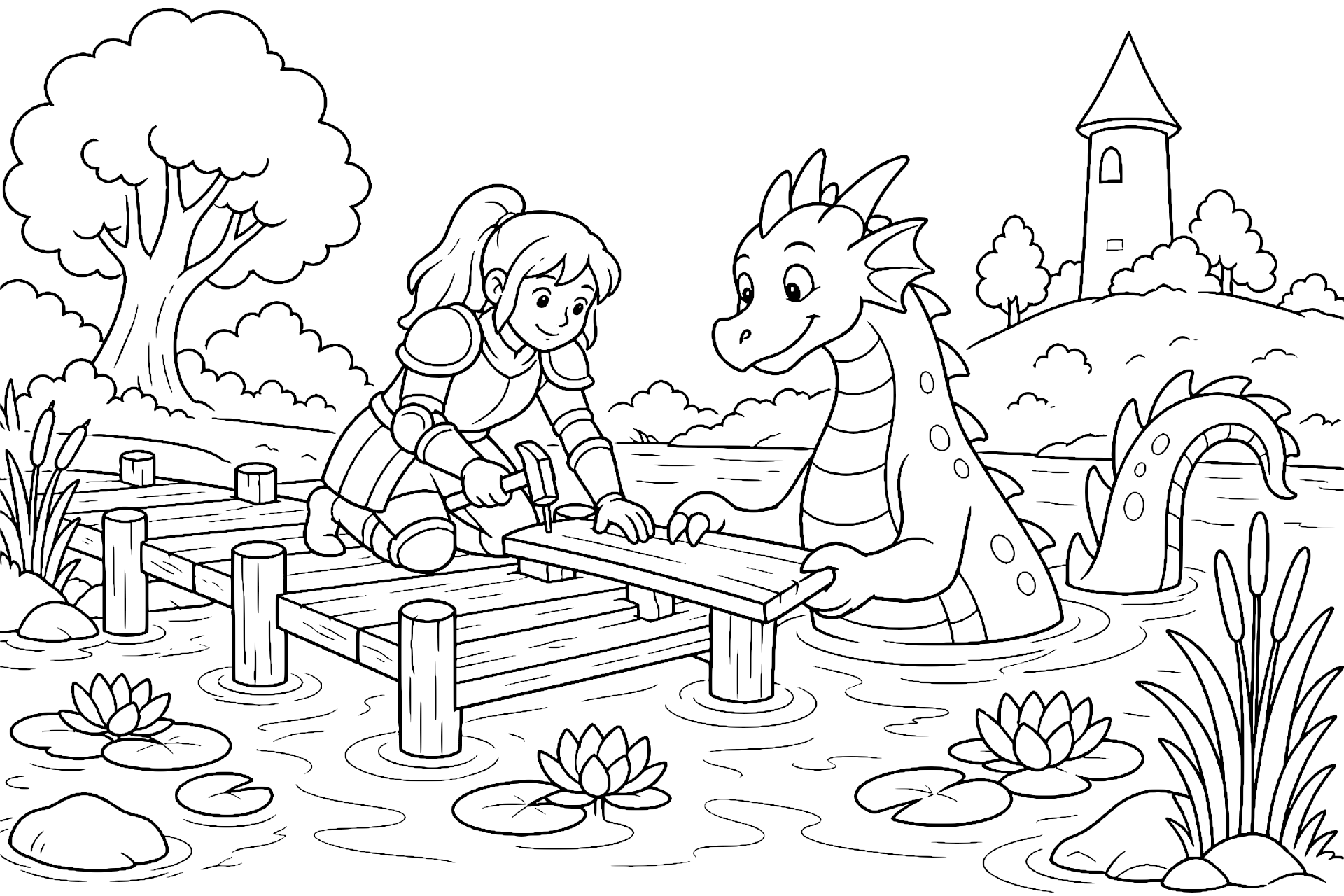 Die Ritterin und der Flussdrache - Ausmalbild ab 6 Jahren