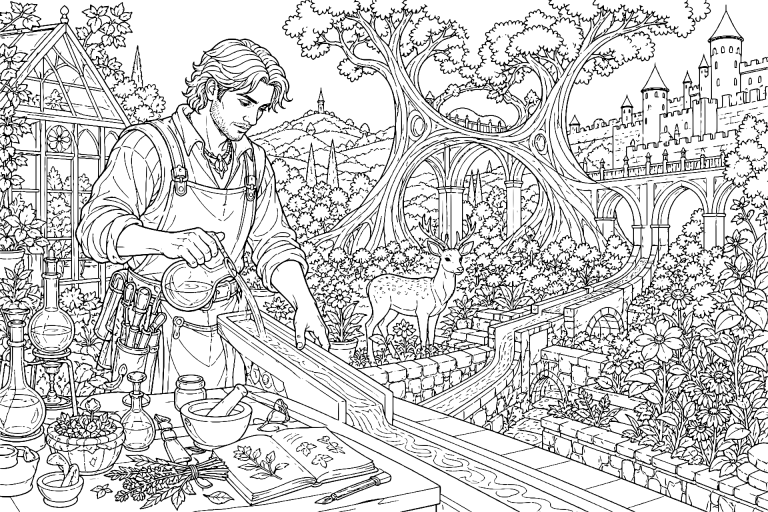 Der Alchemist im Garten der verwandelten Bäume - Ausmalbild ab 11 Jahren