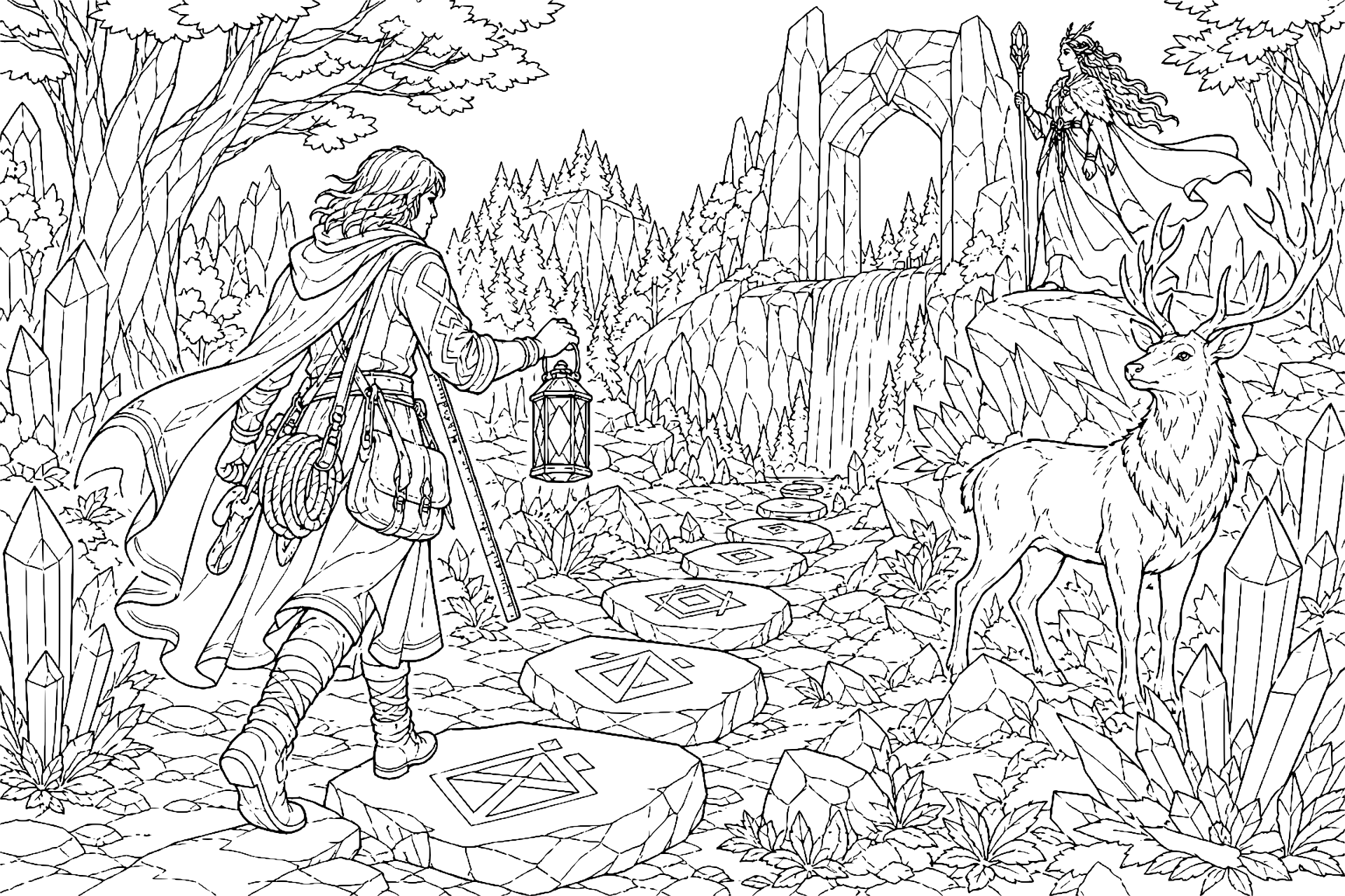 Der Runenläufer im Kristallwald - Ausmalbild ab 11 Jahren