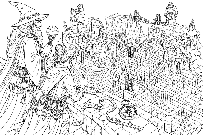 Der Zauberer im Labyrinth der Riesen - Ausmalbild ab 11 Jahren