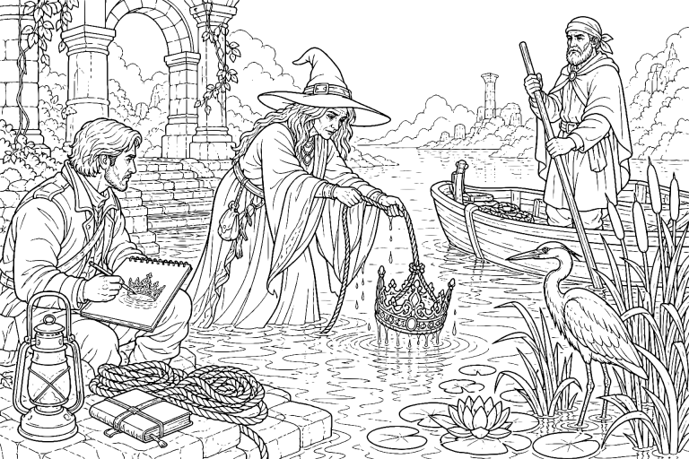 Die Hexe am See der vergessenen Kronen - Ausmalbild ab 11 Jahren