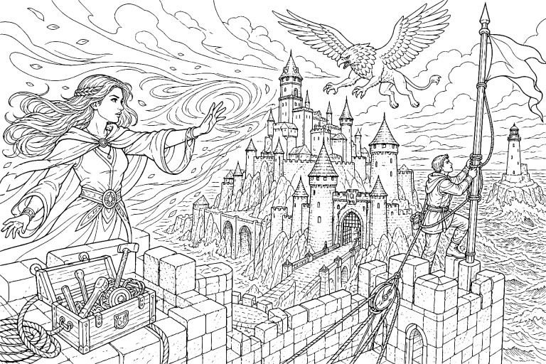 Die Magierin und das Schloss im Sturm - Ausmalbild ab 11 Jahren