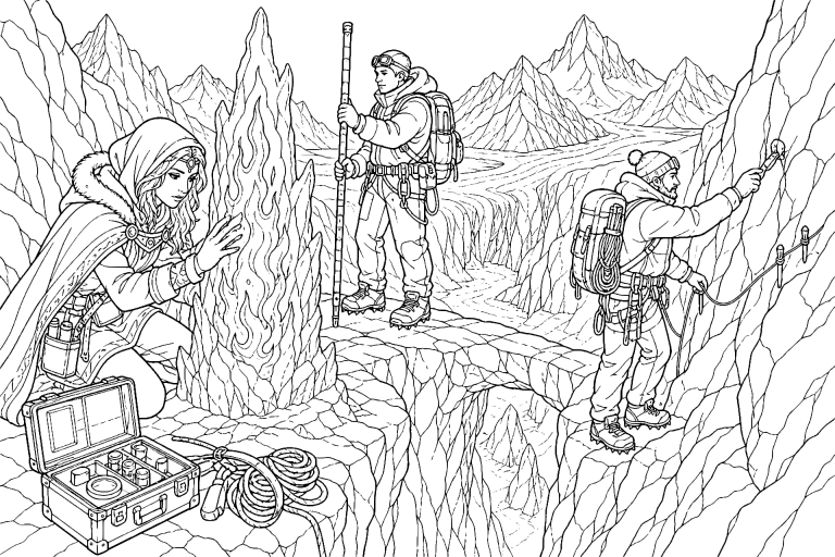 Die Zauberin im Tal der gefrorenen Flammen - Ausmalbild ab 11 Jahren