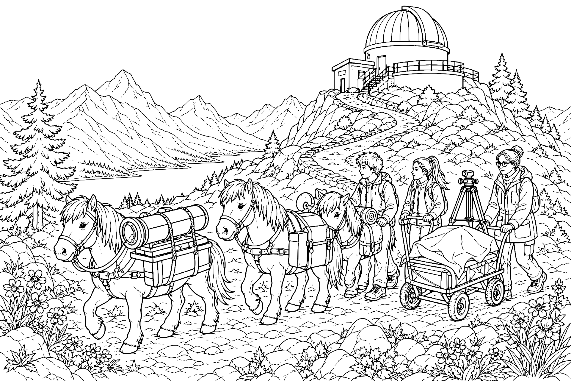 Ponys am Observatorium - Ausmalbild ab 11 Jahren
