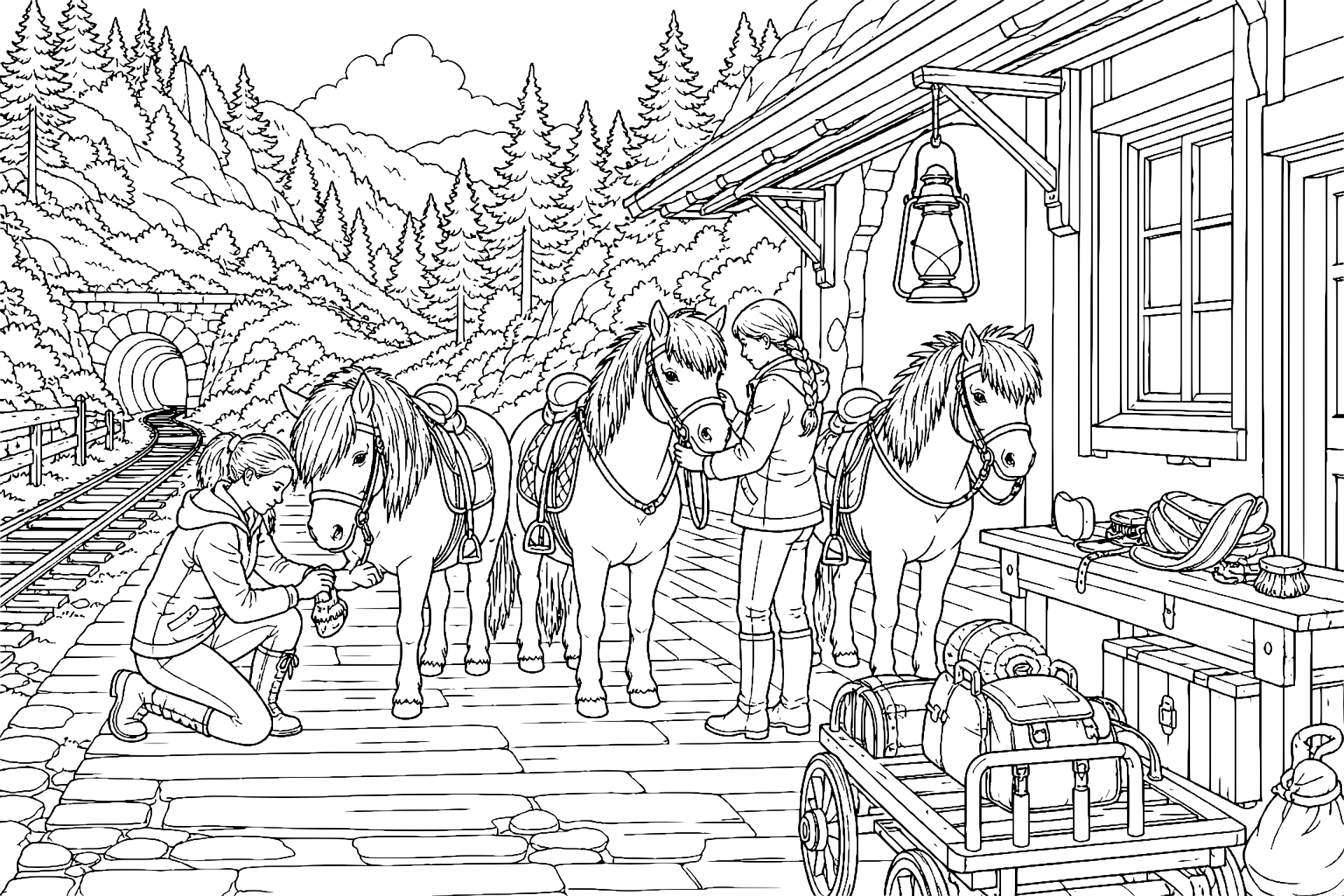 Ponys am verlassenen Bahnhof - Ausmalbild ab 11 Jahren