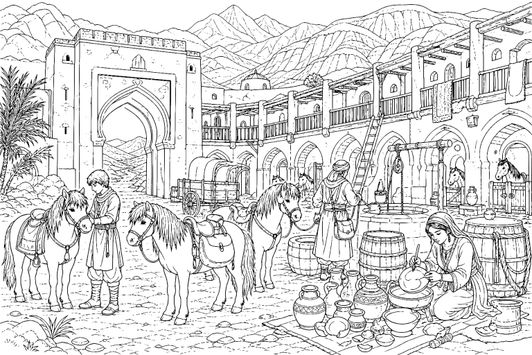 Ponys an der Wüstenkarawanserei - Ausmalbild ab 11 Jahren