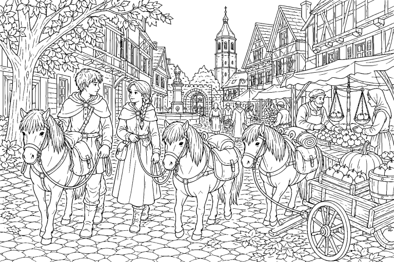 Ponys auf dem Herbstmarkt - Ausmalbild ab 11 Jahren