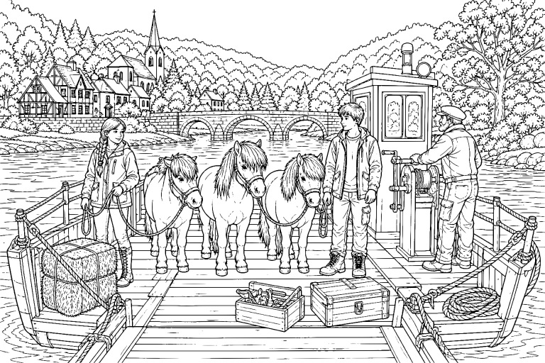 Ponys auf der Flussfähre - Ausmalbild ab 11 Jahren