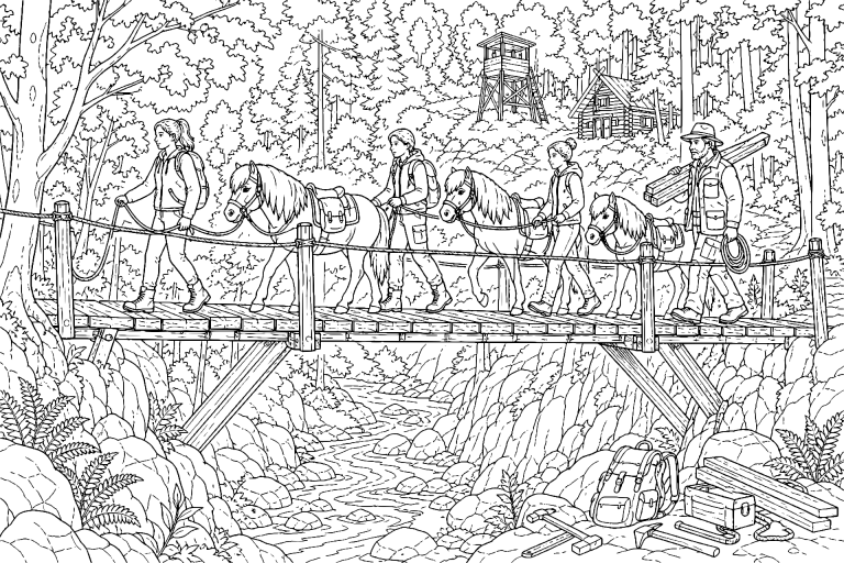 Ponys auf der Waldbrücke - Ausmalbild ab 11 Jahren
