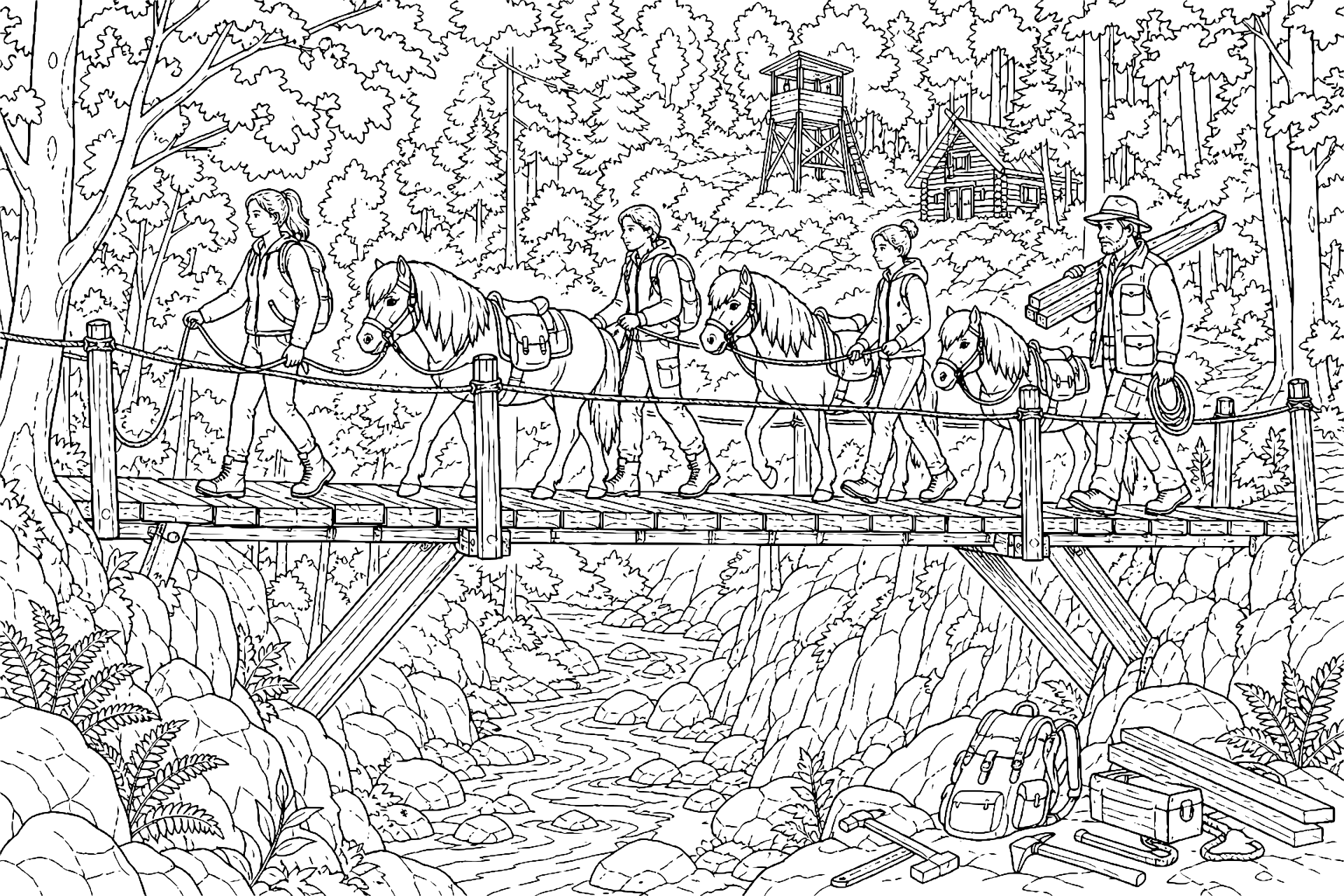 Ponys auf der Waldbrücke - Ausmalbild ab 11 Jahren