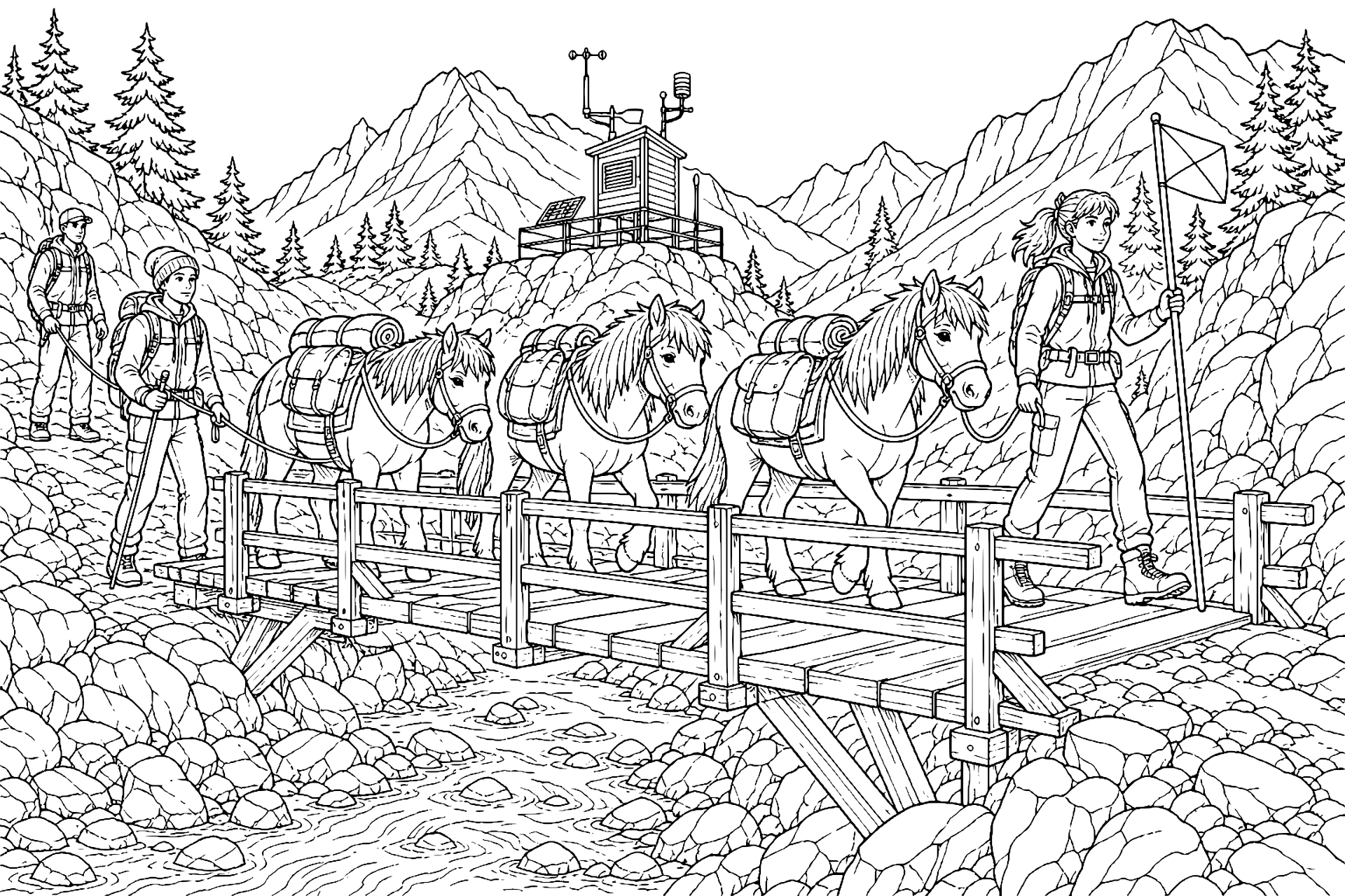 Ponys im Bergpass - Ausmalbild ab 11 Jahren