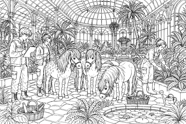 Ponys im botanischen Garten - Ausmalbild ab 11 Jahren
