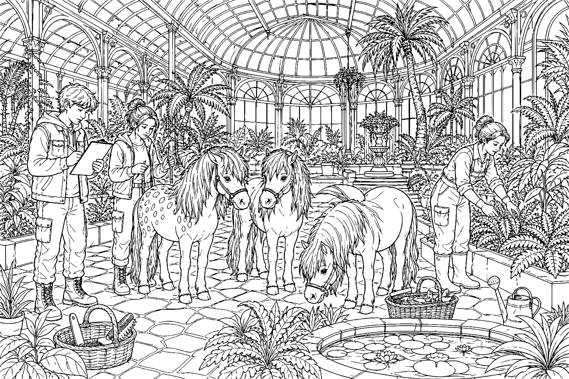 Ponys im botanischen Garten - Ausmalbild ab 11 Jahren