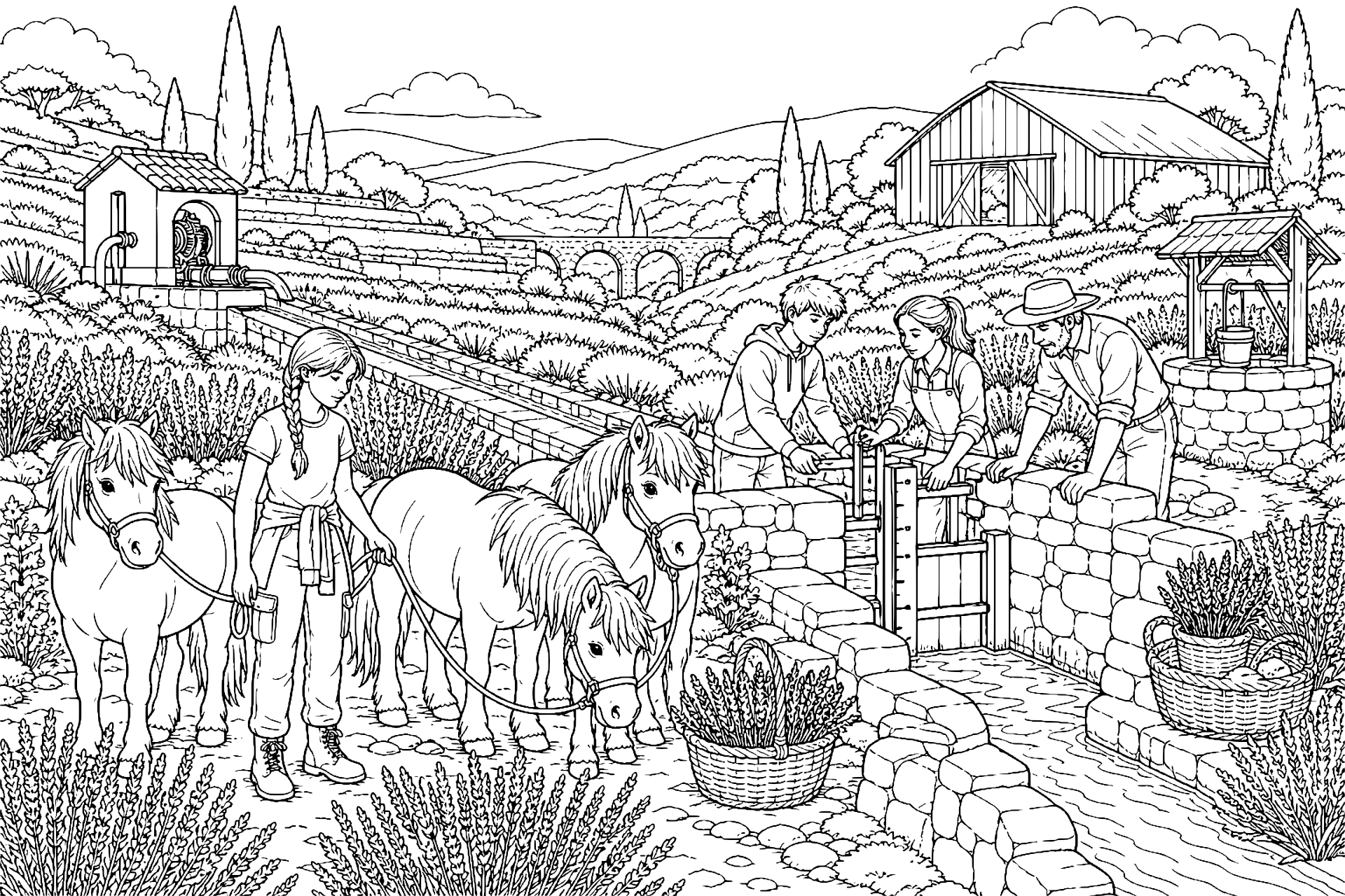 Ponys im Lavendeltal - Ausmalbild ab 11 Jahren