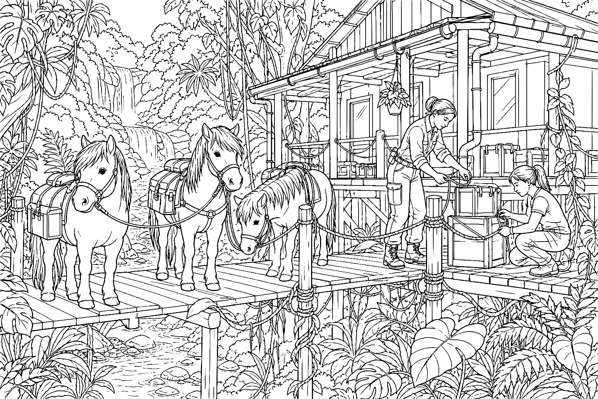 Ponys im Regenwaldsteg - Ausmalbild ab 11 Jahren