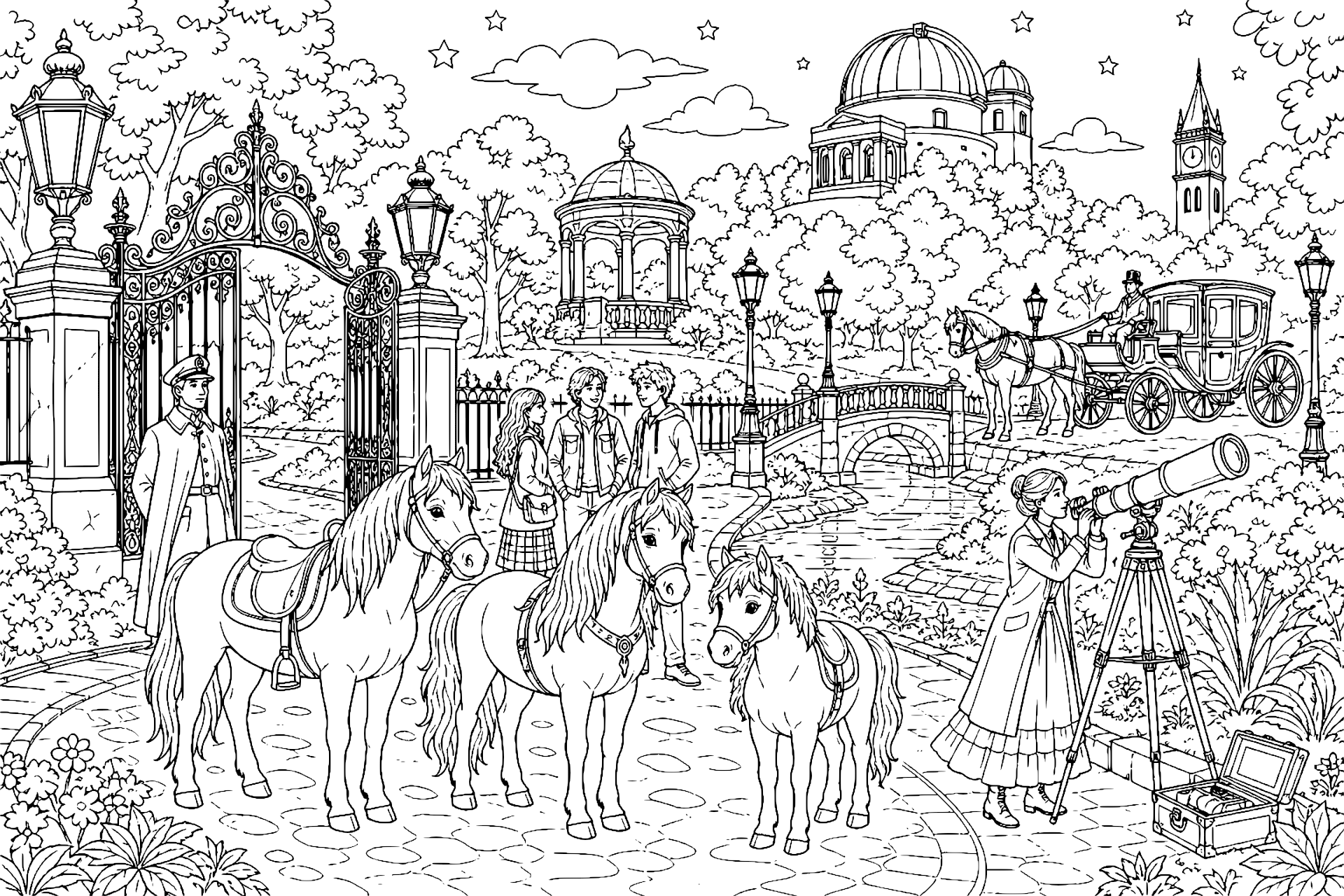 Ponys im Stadtpark bei Nacht - Ausmalbild ab 11 Jahren
