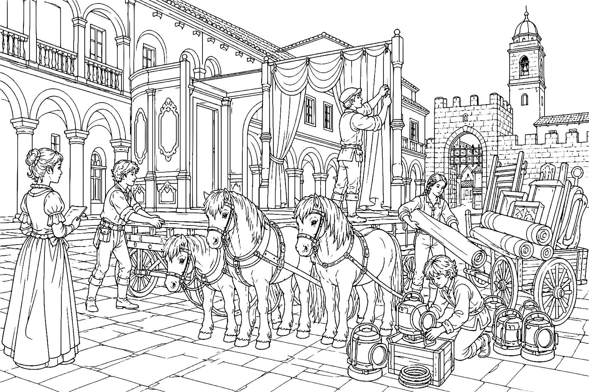 Ponys im Theaterhof - Ausmalbild ab 11 Jahren