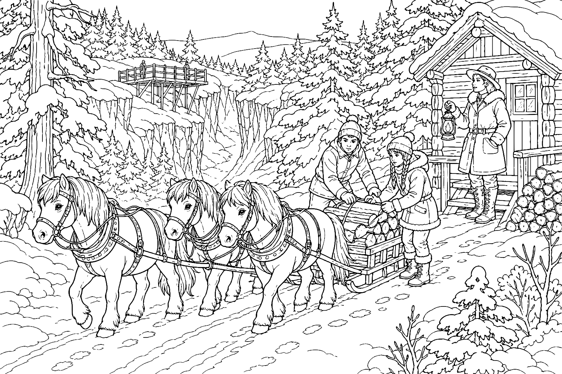 Ponys im winterlichen Forst - Ausmalbild ab 11 Jahren