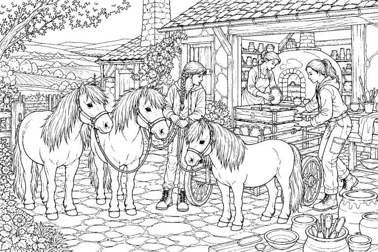 Ponys in der Töpferwerkstatt - Ausmalbild ab 11 Jahren