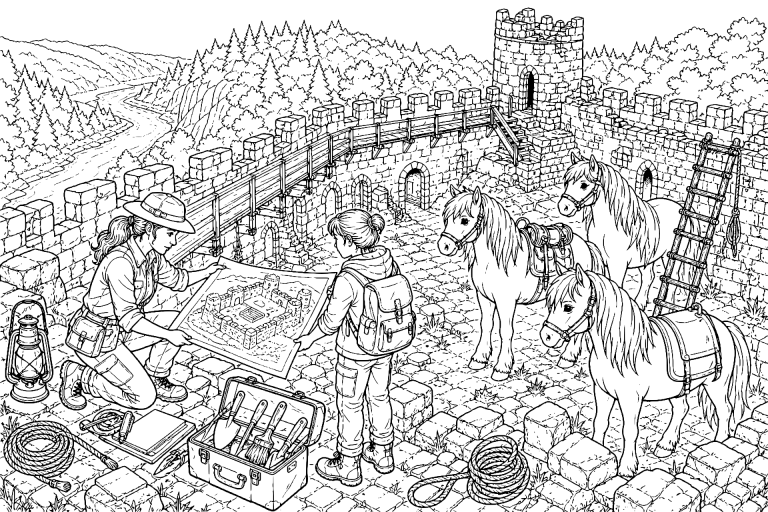 Ponys in der verlassenen Festung - Ausmalbild ab 11 Jahren