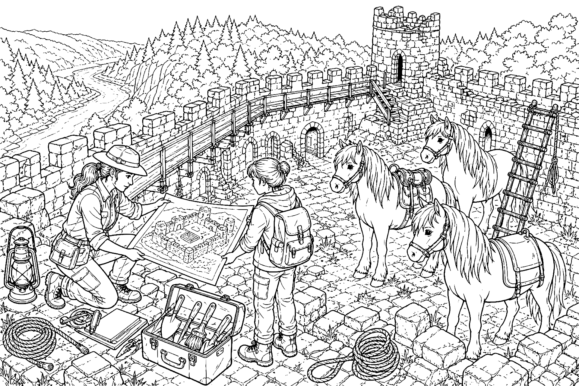 Ponys in der verlassenen Festung - Ausmalbild ab 11 Jahren