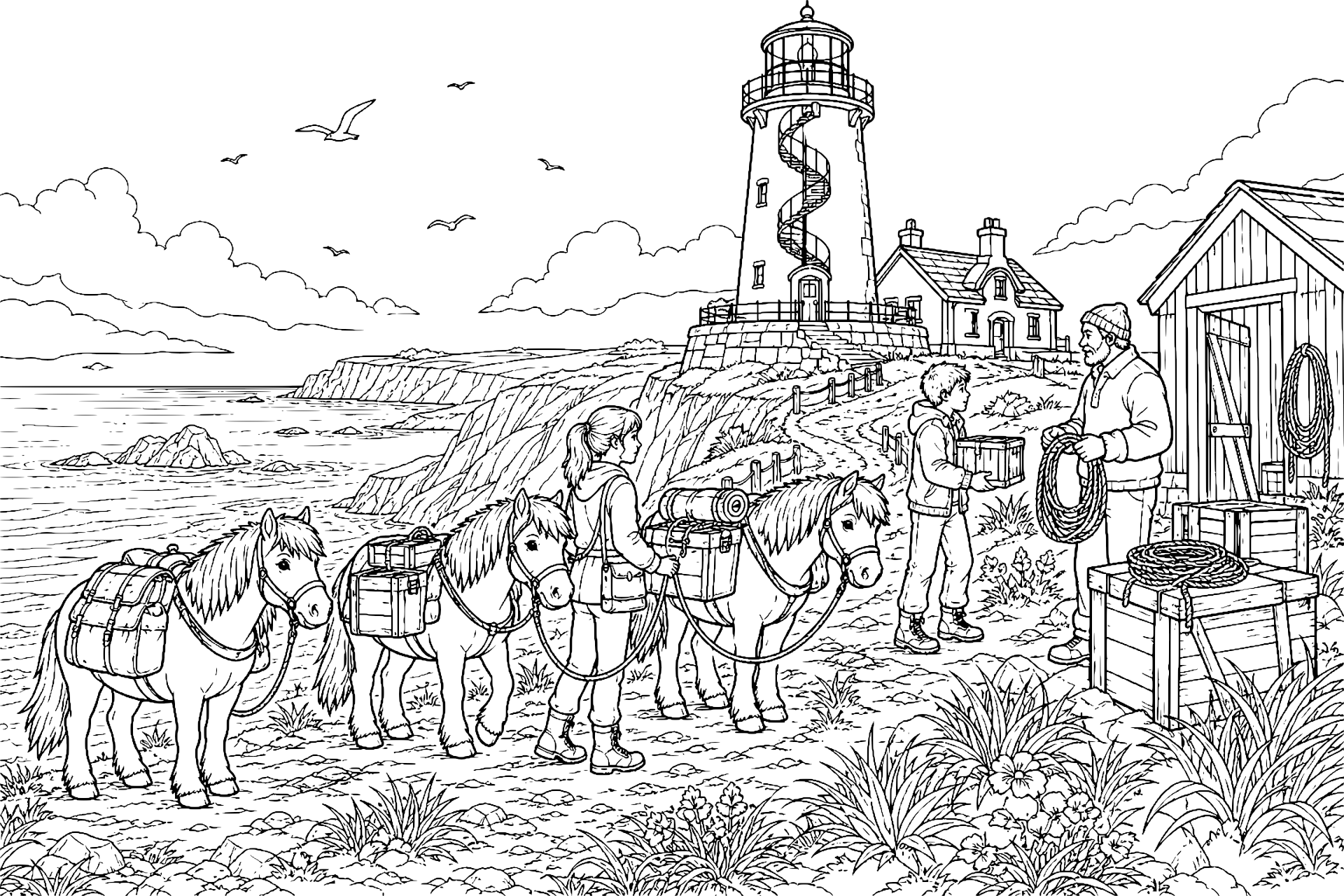 Ponys und der Leuchtturmwärter - Ausmalbild ab 11 Jahren
