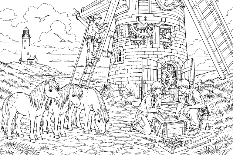 Ponys und die alte Windmühle - Ausmalbild ab 11 Jahren
