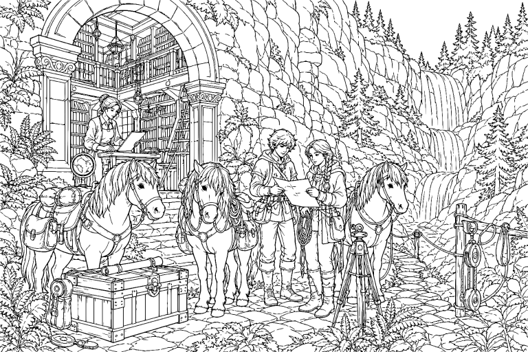 Ponys und die Felsenbibliothek - Ausmalbild ab 11 Jahren