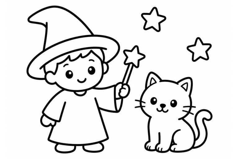 Zauberer mit Katze und Sternen - Ausmalbild ab 2 Jahren