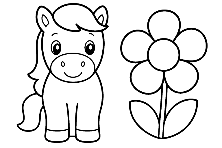Pony mit kleiner Blume - Ausmalbild ab 2 Jahren