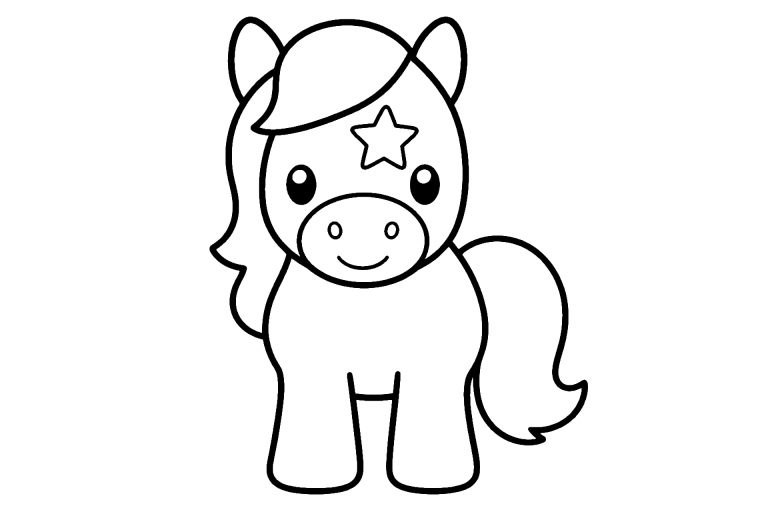 Pony mit Stern auf der Stirn - Ausmalbild ab 2 Jahren