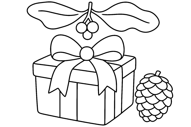 Geschenk unter dem Mistelzweig - Ausmalbild ab 4 Jahren