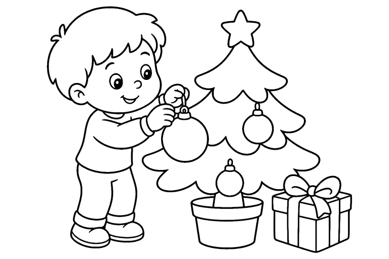 Kind schmückt den Tannenbaum - Ausmalbild ab 4 Jahren