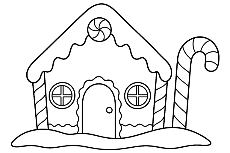 Lebkuchenhaus mit Zuckerstange - Ausmalbild ab 4 Jahren