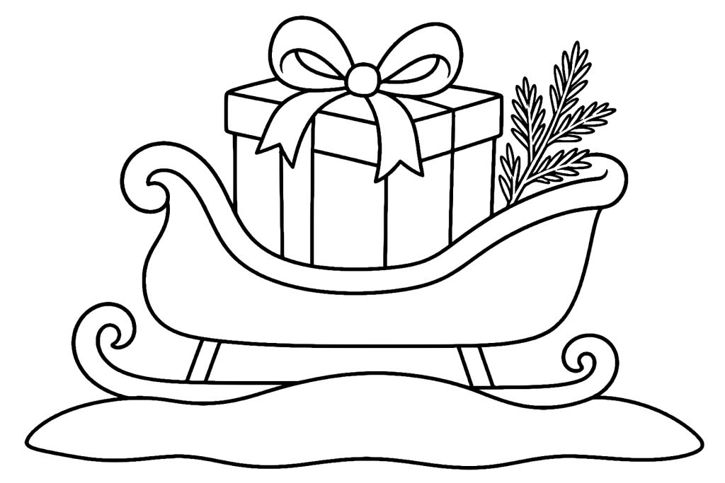 Schlitten mit Weihnachtspaket - Ausmalbild ab 4 Jahren