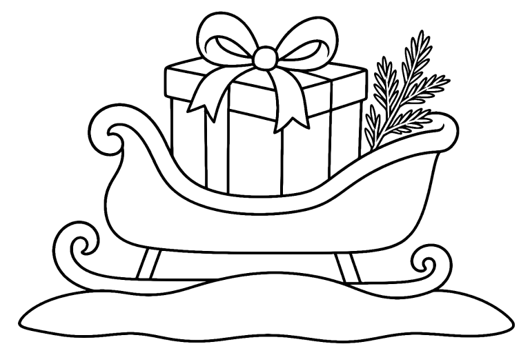 Schlitten mit Weihnachtspaket - Ausmalbild ab 4 Jahren