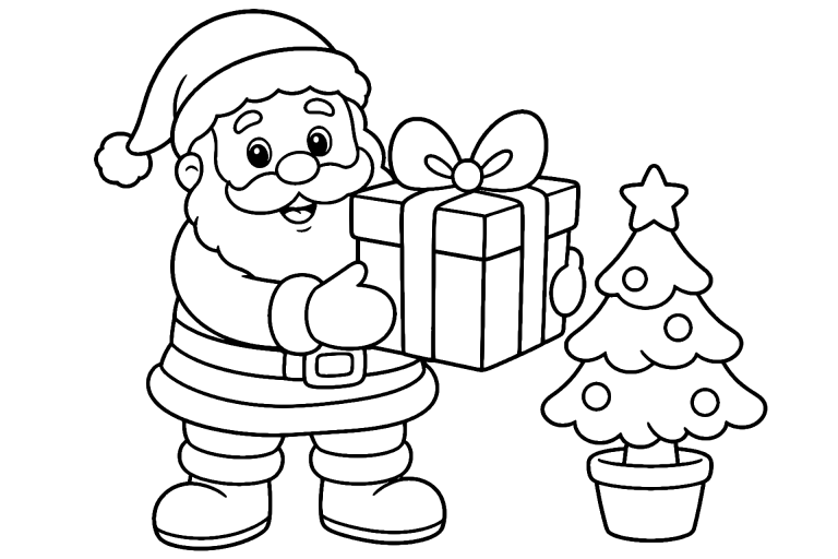 Weihnachtsmann mit Geschenk - Ausmalbild ab 4 Jahren