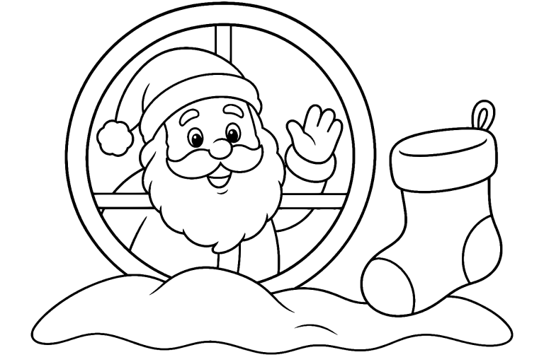 Weihnachtsmann winkt am Fenster - Ausmalbild ab 4 Jahren