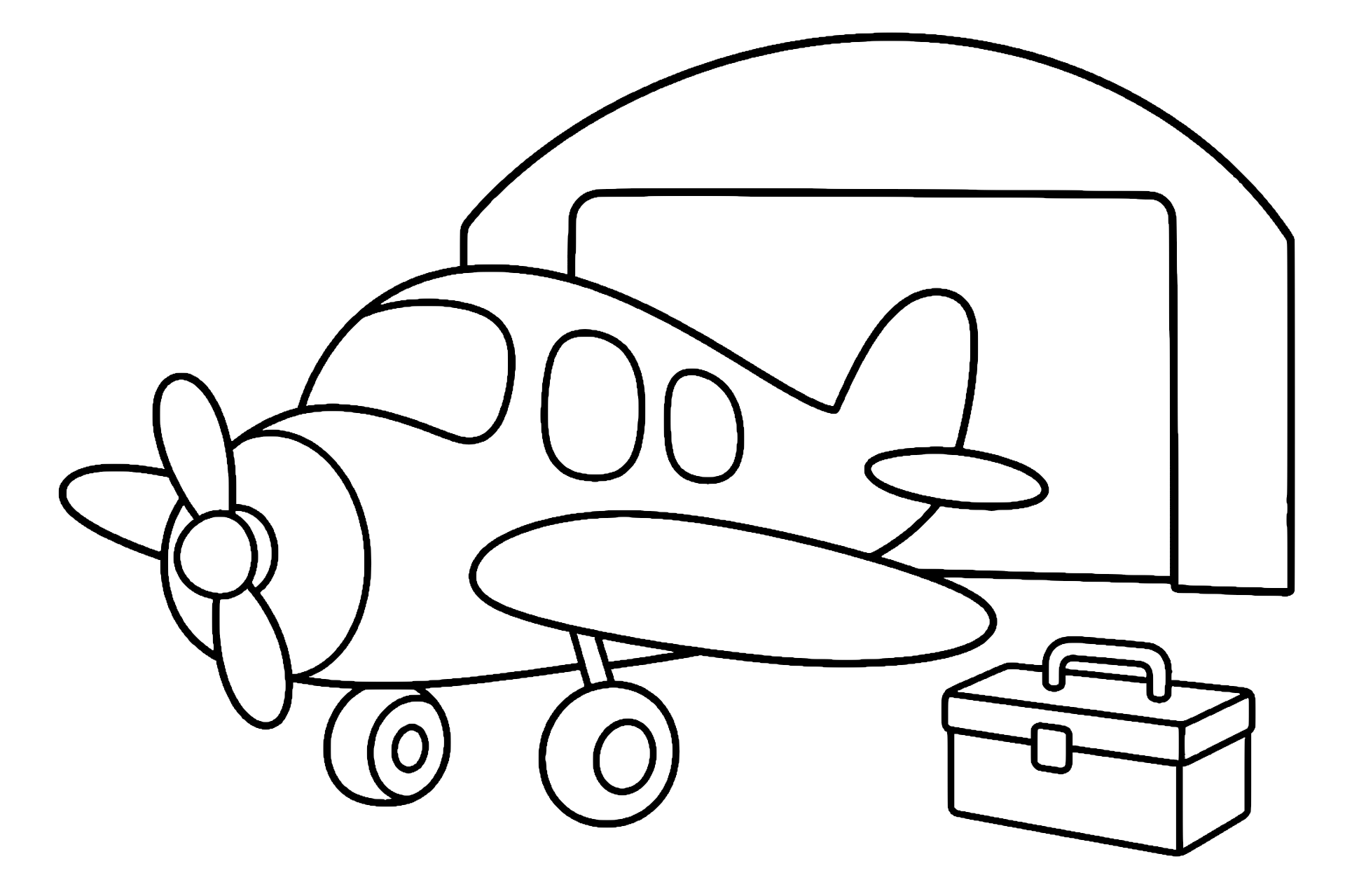 Flugzeug am Hangar - Ausmalbild ab 4 Jahren