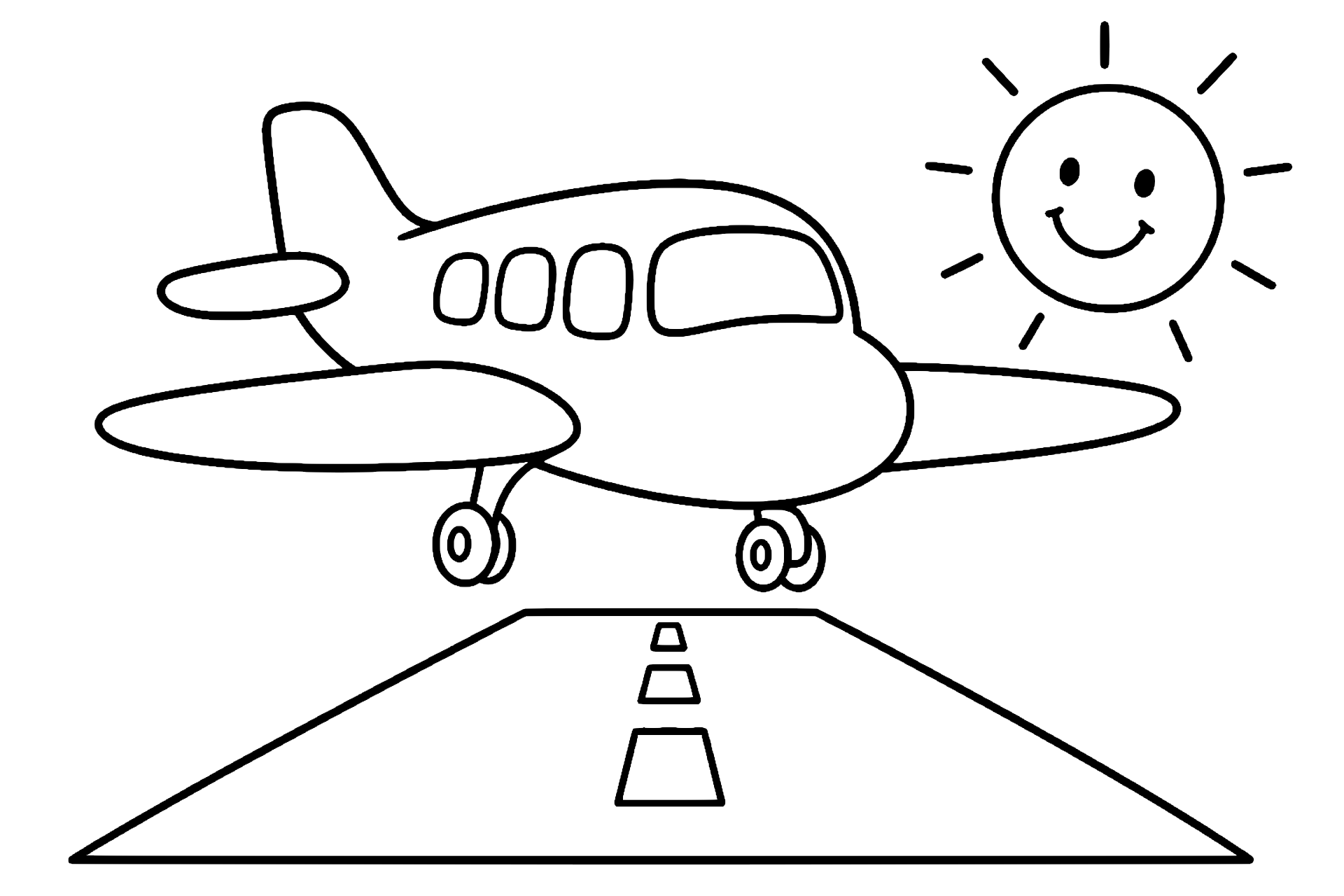 Flugzeug landet bei der Sonne - Ausmalbild ab 4 Jahren
