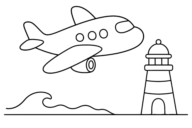 Flugzeug über dem Leuchtturm - Ausmalbild ab 4 Jahren
