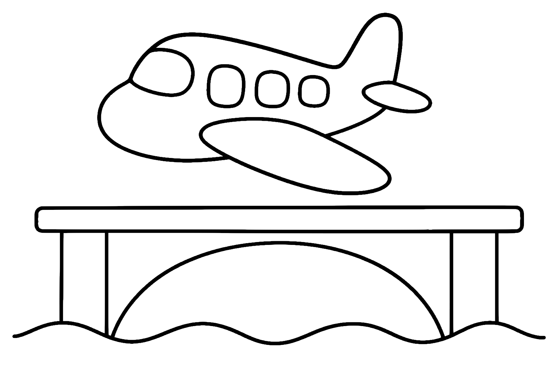 Flugzeug über der Brücke - Ausmalbild ab 4 Jahren