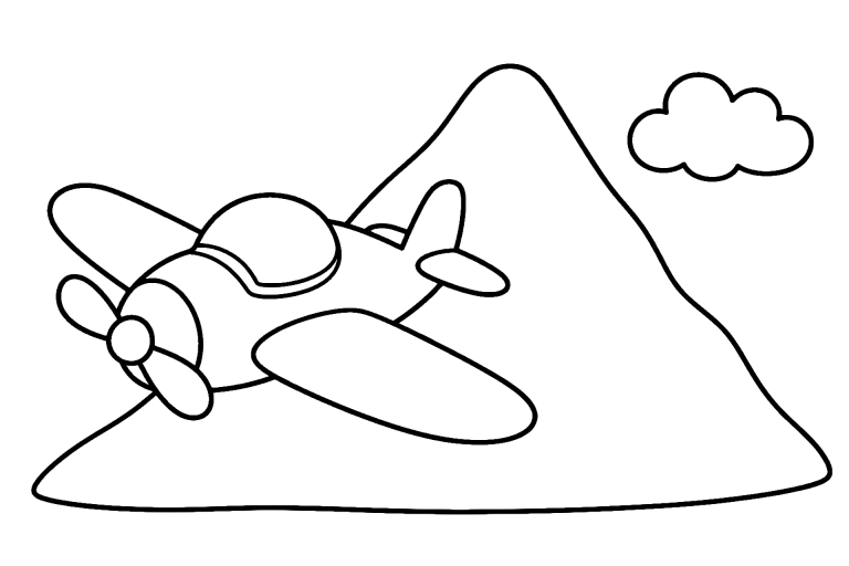Flugzeug vor dem Berg - Ausmalbild ab 4 Jahren