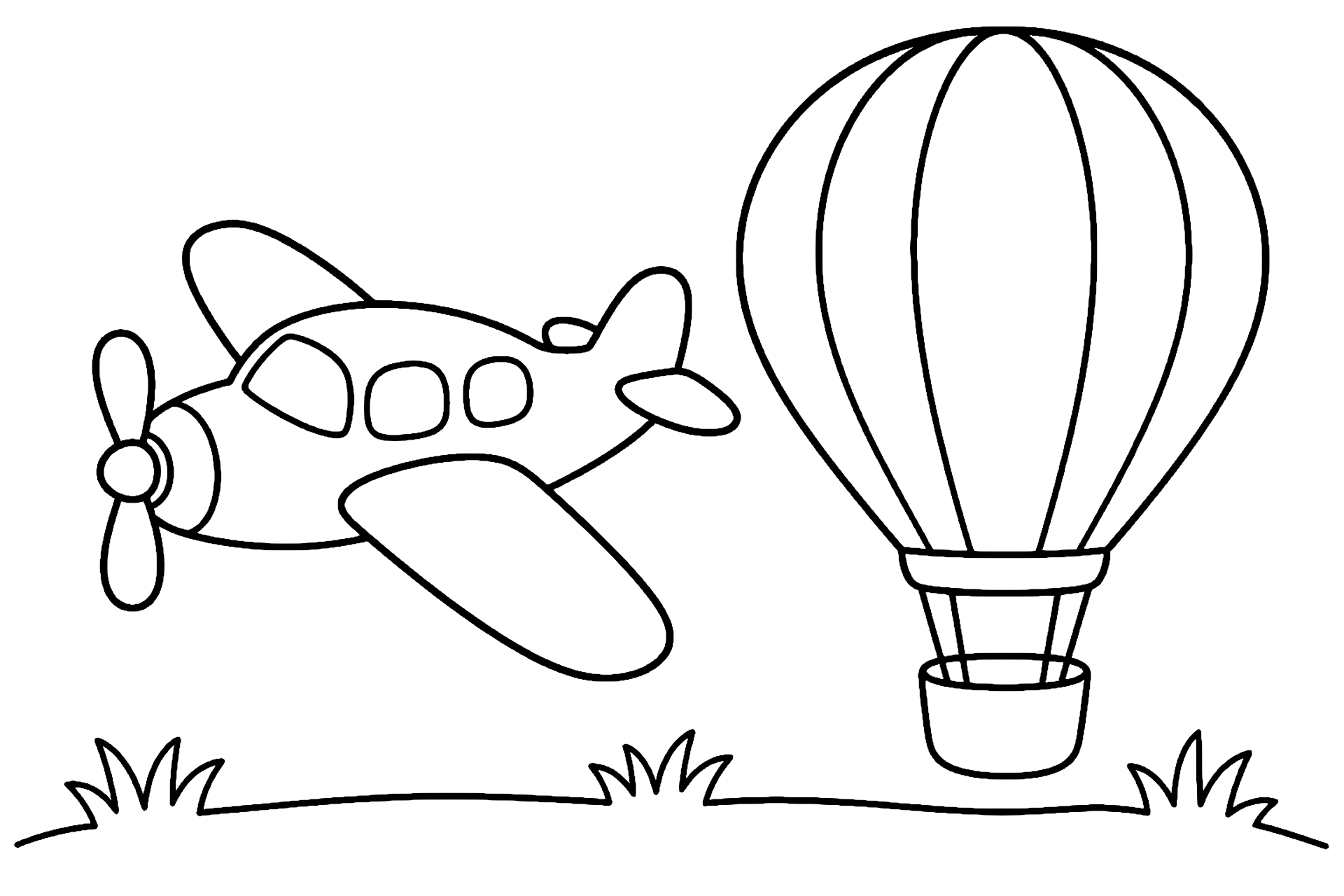 Heißluftballon neben Flugzeug - Ausmalbild ab 4 Jahren